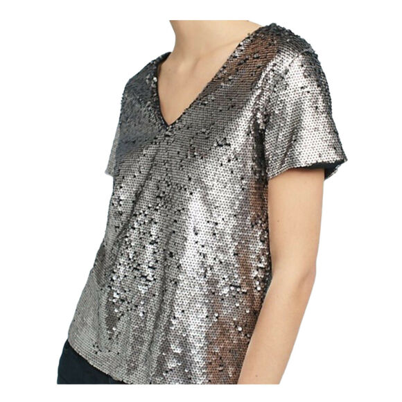 ANTHROPOLOGIE Sequin Top Short Sleeve V-Neck Vanessa Virginia Silver Small EUC - Picture 11 of 11